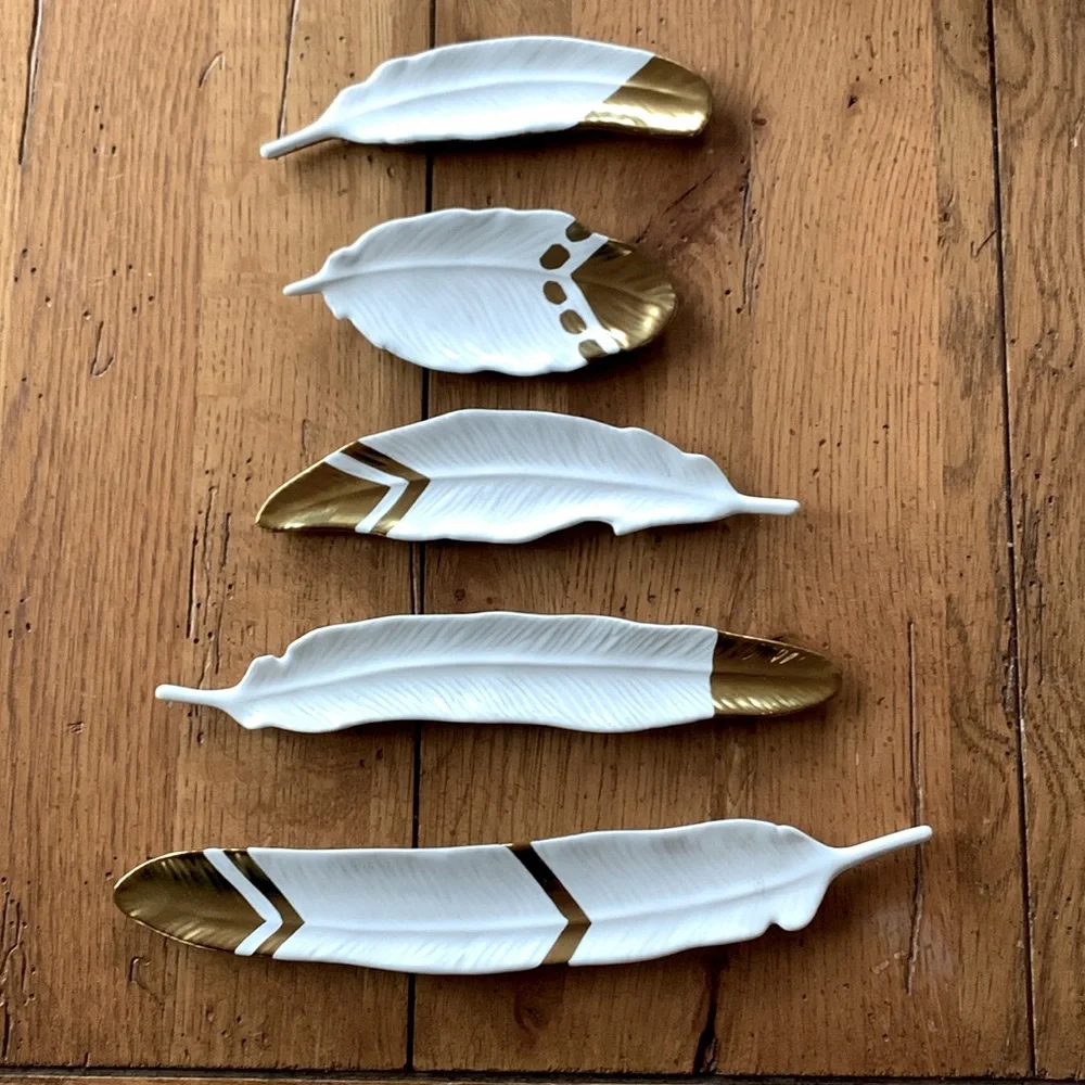 Ceramic Bird Feathers White and Gold Tipped Wall Hanging Ornaments Set of 5